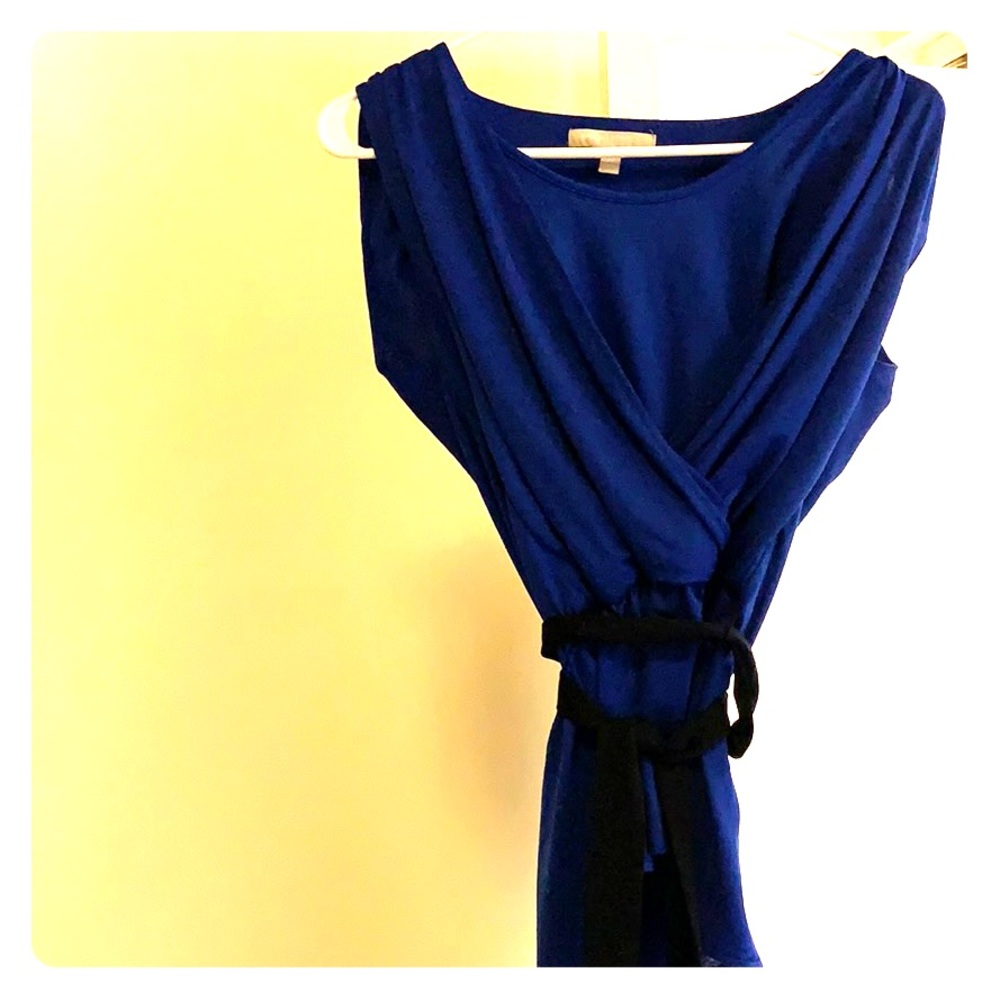 Blue with black belt capped sleeve wrap top